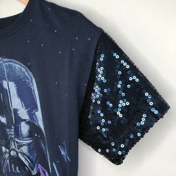 Star Wars Darth Vader Navy Blue Graphic T-Shirt with Sequin Sleeves Size Small - Picture 3 of 5